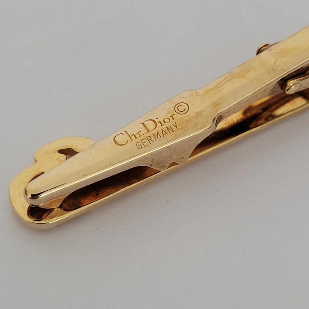 Christian Dior Mens Vintage Gold Tone CD Logo Tie Clip Germany Textured Bar‎